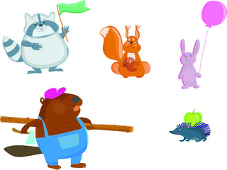 animal vector set, raccoon with flag, rabbit with balloon, squirrel with nut, beaver with hatchet and log, hedgehog with green apple in cartoon style, cute illustration, holiday and fun. textile, post