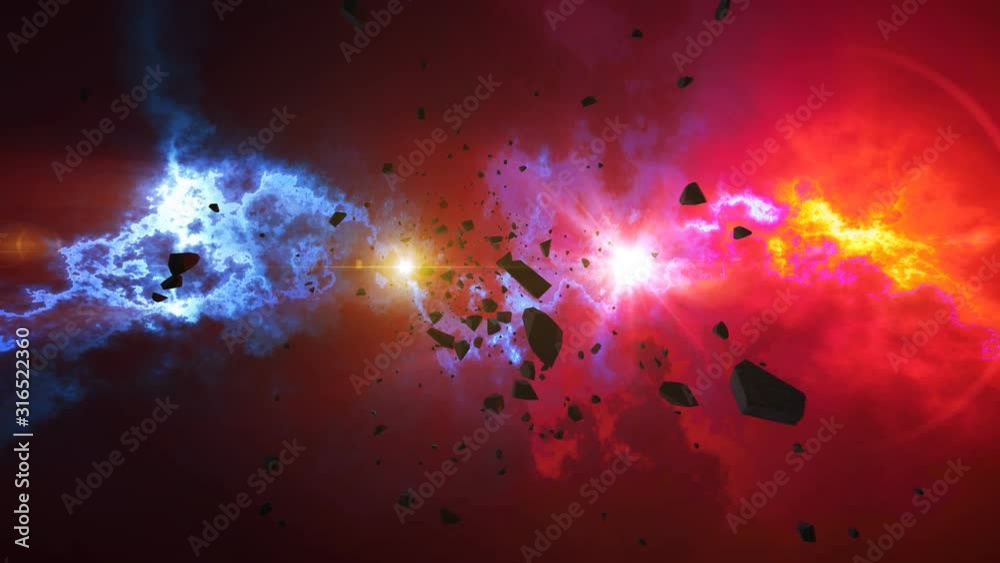 Wall mural asteroids or meteorites slowly move on the camera in a shinning nebula background. science fiction f