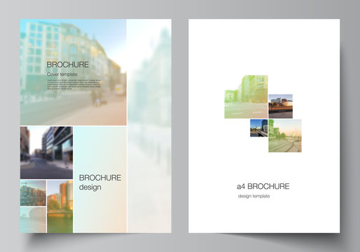 Vector layout of A4 cover mockups design templates for brochure, flyer layout, booklet, cover design, book design, brochure cover. Abstract project with clipping mask green squares for your photo.