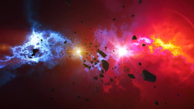 Asteroids or Meteorites slowly move on the camera in a shinning nebula background. Science fiction fantasy animation background. 
