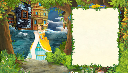 cartoon scene with girl princess near the street of the city romantic illustration for children