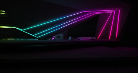 Abstract architectural concrete interior of a minimalist house with colored neon lighting. 3D illustration and rendering.