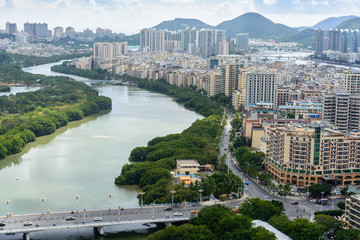 Fototapeta na wymiar Beautiful aerial panoramic view of the city of Sanya city from Luhuitou Park. Hainan, China.