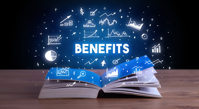 BENEFITS Inscription Coming Out From An Open Book, Business Concept