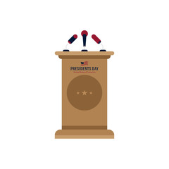 Happy Presidents day with brown podium with microphones. Wooden for conference and interview. National American holiday event. Flat vector illustration EPS10