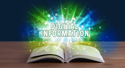 DIGITAL INFORMATION inscription coming out from an open book, educational concept