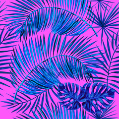 Blue palm and monstera leaves. Watercolor seamless pattern.