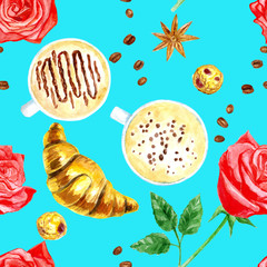 Croissant with coffee, roses, coffee seeds, anise. Watercolor seamless pattern.