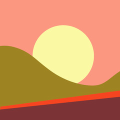 Abstract geometric lines of a circle, a rectangle of blue, red, yellow, green, turquoise, orange, pink, purple colors for a work of art, with wavy lines, illustration of the sun, mountains and landsca