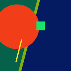 Abstract geometric lines of a circle, a rectangle of blue, red, yellow, green, turquoise, orange, pink, purple colors for a work of art, with wavy lines, illustration of the sun, mountains and landsca