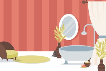 Bathroom interior design, vector illustration. Sanitary furniture for home and hotel interior, modern concept of comfortable bathroom. Ceramic bathtub and spa products