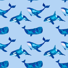 Watercolor background with marine animals. Seamless pattern with whale,sperm whale. Can be used for wallpaper, background, surface textures, pattern fills, pack, web page. Sea pattern.