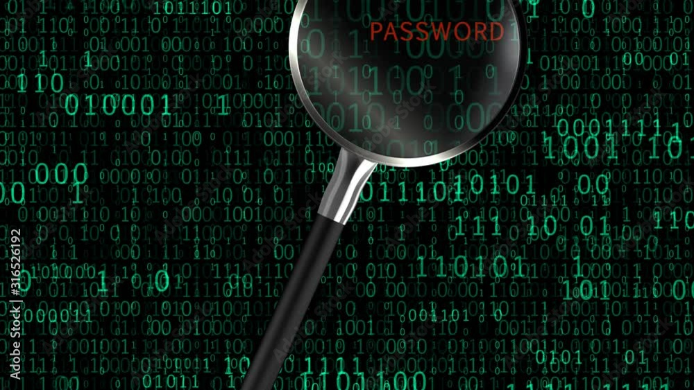 Poster abstract 3d animation of a magnifying glass searches passwords in binary code. internet security con