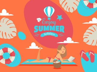 Summer vacation advertisement poster, vector illustration. Tour agency promotion campaign, romantic holiday trip offer. Luxury tropical resort, attractive woman