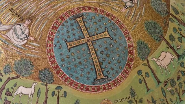 Ravenna, Italy, December 2019. Footage Inside The Apollinare Basilica In The Classroom. Detail Of The Apse With The Crucifix With The Starry Sky Background.