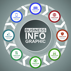 Business, mobile phone and technology diagram, flat design circular infographic vector template, presentation in 8 options