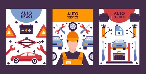 Car service banners, vector illustration. Professional car maintenance, auto service symbols in flat style. Vehicle repair equipment, auto parts store advertisement campaign