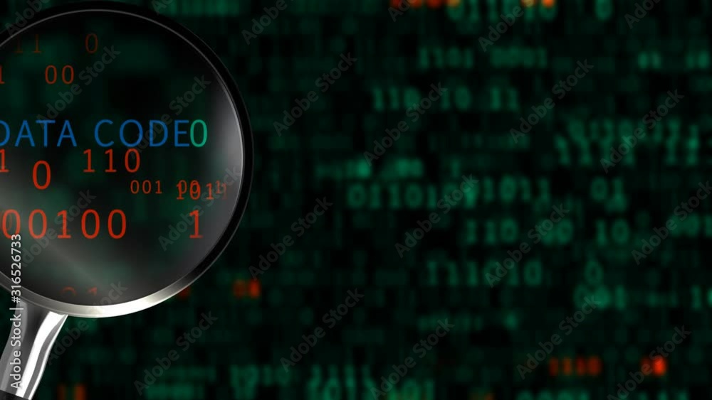 Poster internet security concept. a magnifying glass scans an abstract binary code.