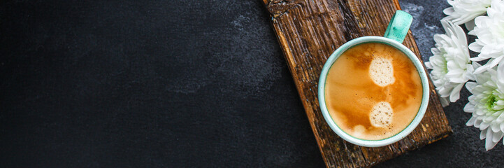 healthy breakfast coffee and sandwich, (delicious snack) menu concept. food background. top view. copy space