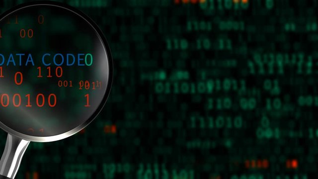  Internet security concept. A magnifying glass scans an abstract  binary code. 