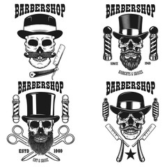 Set of barbershop emblem template. Skull with moustache in vintage hat and razor of barber. Design element for poster, card, emblem, banner, logo. Vector illustration