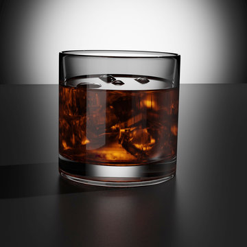 Glass with whisky and ice opposite background light, 3D generated image