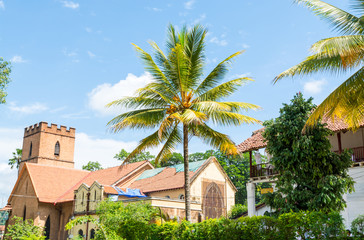Buildings inside of the complex of Sri Dalada Maligawa or the Temple of the Sacred Tooth Relic, a Buddhist temple in Kandy, Sri Lanka. which houses the relic of the tooth of the Buddha.