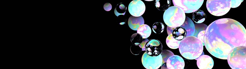 Web page header. 3d illustration for website homepage design. Abstract trendy banner background. Holographic bubbles. Cosmic fantasy.