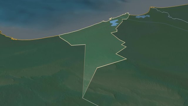 Al Iskandariyah, governorate with its capital, zoomed and extruded on the relief map of Egypt in the conformal Stereographic projection. Animation 3D