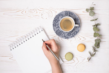 A female hand holds a pen over a clean diary with spring, a cup of coffee and macaroons and a branch of eucalyptus on a white shabby wooden table. Fashion flat lay