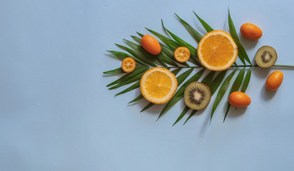 Fresh citrus fruits on a green palm leaf on blue background.Top view with copy space.