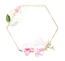 Fototapeta na wymiar the finished image of a hexagonal gold frame with pink Magnolia branches, green leaves on a white background, there is a place for your signature