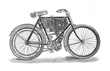 Antique motor bike - motorcycle / old Antique illustration from Brockhaus Konversations-Lexikon 1908