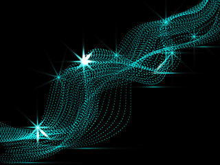 Abstract waves of blue luminous particles on a dark background