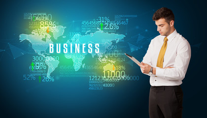 Businessman in front of a decision with BUSINESS inscription, business concept