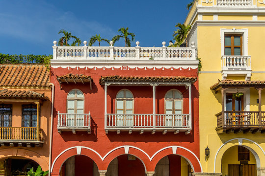 Beautiful Colonial Architecture in historic district of Old Cartagena de Indias, Colombia.