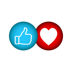 3d vector blue thumbs up and red love round blue cartoon bubble emoticon for social media chat, comment reactions, icon template like emoji character message