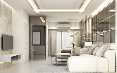 modern white living area with furniture in townhouse 3d rendering