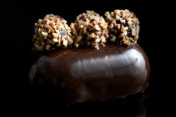 Artisan Monoportion Cake. Handmade Chocolate Dessert. Creative Patisserie. Black Background