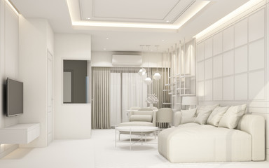 modern white living area with furniture in townhouse 3d rendering