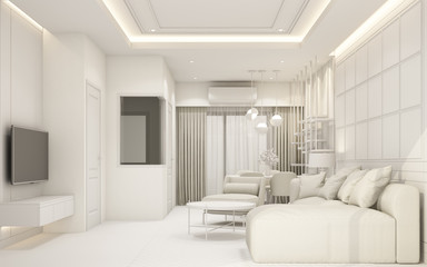 modern white living area with furniture in townhouse 3d rendering