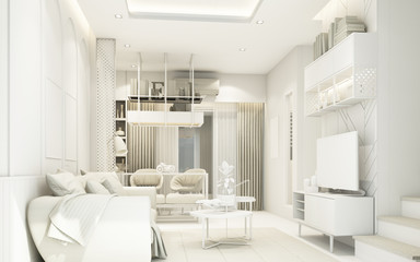 Fototapeta na wymiar modern white living area with furniture in townhouse 3d rendering