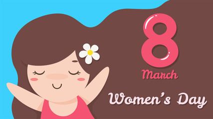 8 March International Women's Day. Vector cartoon beautiful long haired girl is enjoying.