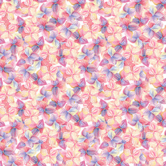 finished image of a seamless pattern of open buds of pink and purple flowers, watercolor