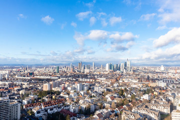 Frankfurt city skyline aerial wide angle image showing city's tall commercial building