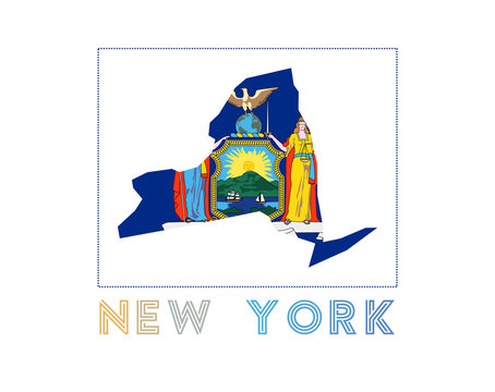 New York Logo. Map of New York with us state name and flag. Beautiful vector illustration.