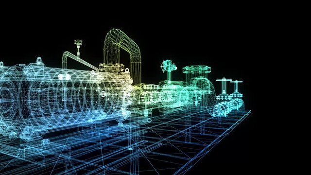 Industrial equipment electric oil valve and pump. Hologram Rotating in Cyberspace. Glow points and line formation of 3d equipment. Rotating. 3d technology rendering.