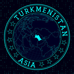 Turkmenistan round sign. Futuristic satelite view of the world centered to Turkmenistan. Country badge with map, round text and binary background. Artistic vector illustration.