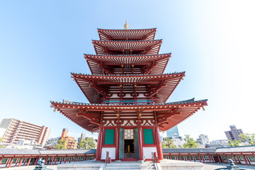 Naklejka premium The seven-building garan, Buddhist tower in Shitennoji Temple in Osaka, Japan