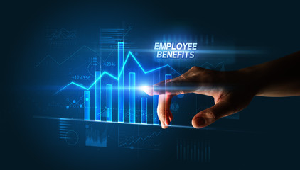 Hand touching EMPLOYEE BENEFITS button, business concept